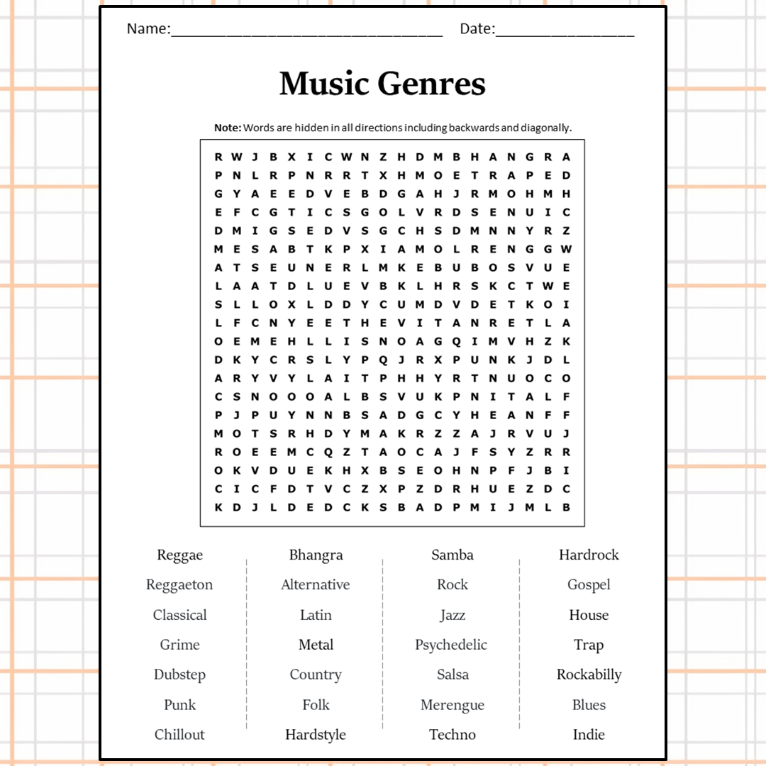 Music Genres Word Search Puzzle Worksheet Activity PDF