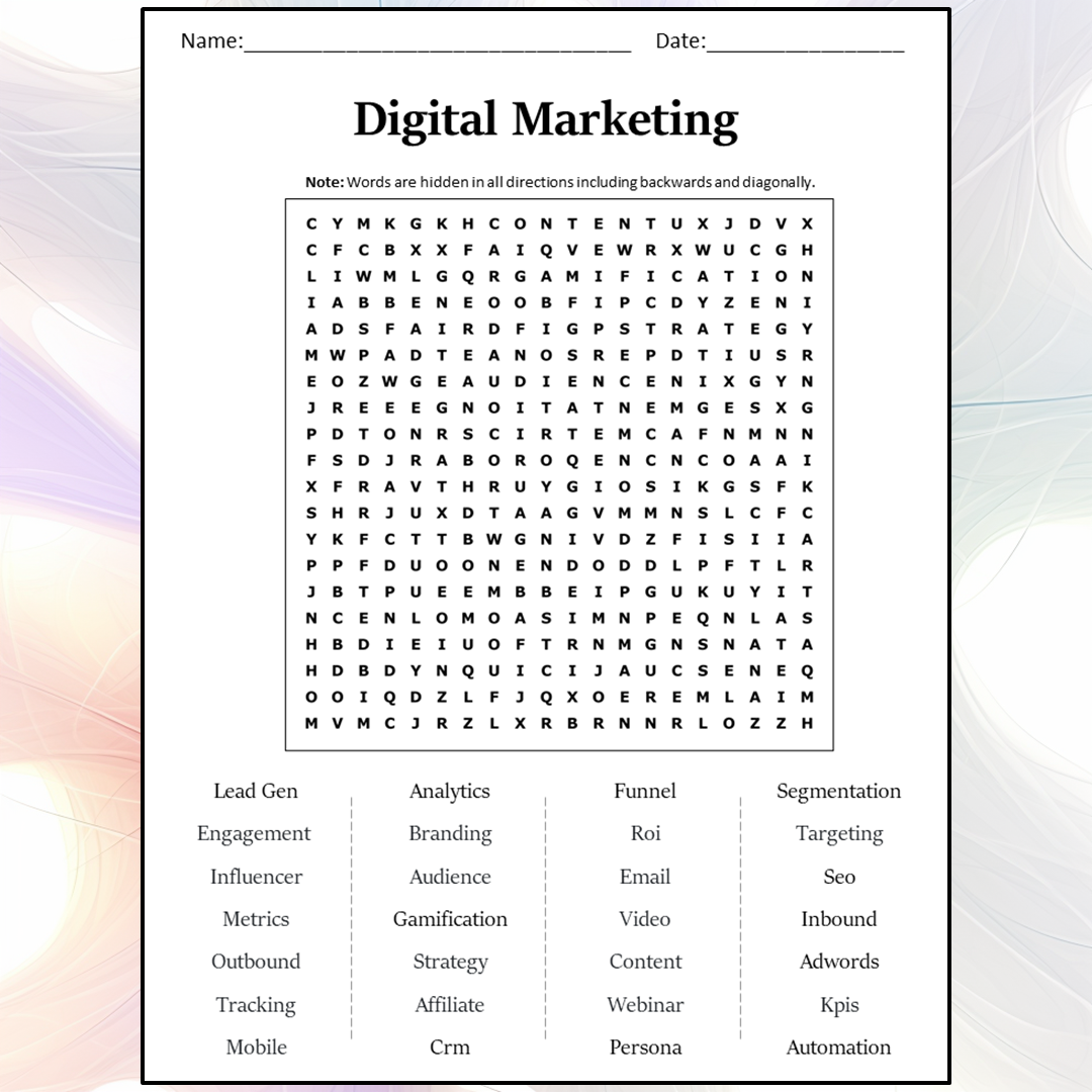 Digital Marketing Word Search Puzzle Worksheet Activity PDF