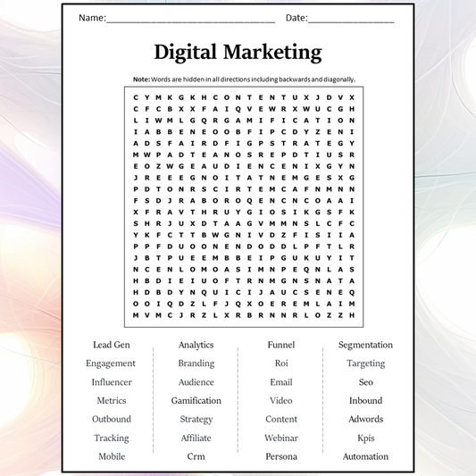 Digital Marketing Word Search Puzzle Worksheet Activity PDF