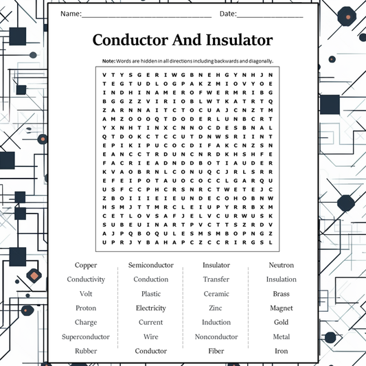 Conductor And Insulator Word Search Puzzle Worksheet Activity PDF