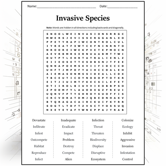 Invasive Species Word Search Puzzle Worksheet Activity PDF