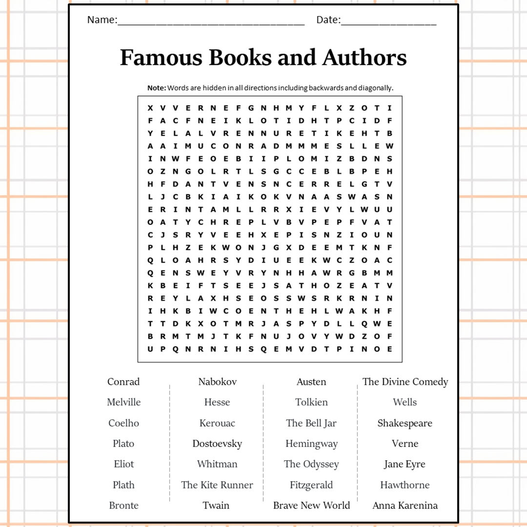 Famous Books And Authors Word Search Puzzle Worksheet Activity PDF