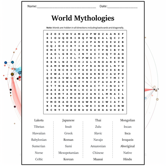 World Mythologies Word Search Puzzle Worksheet Activity PDF