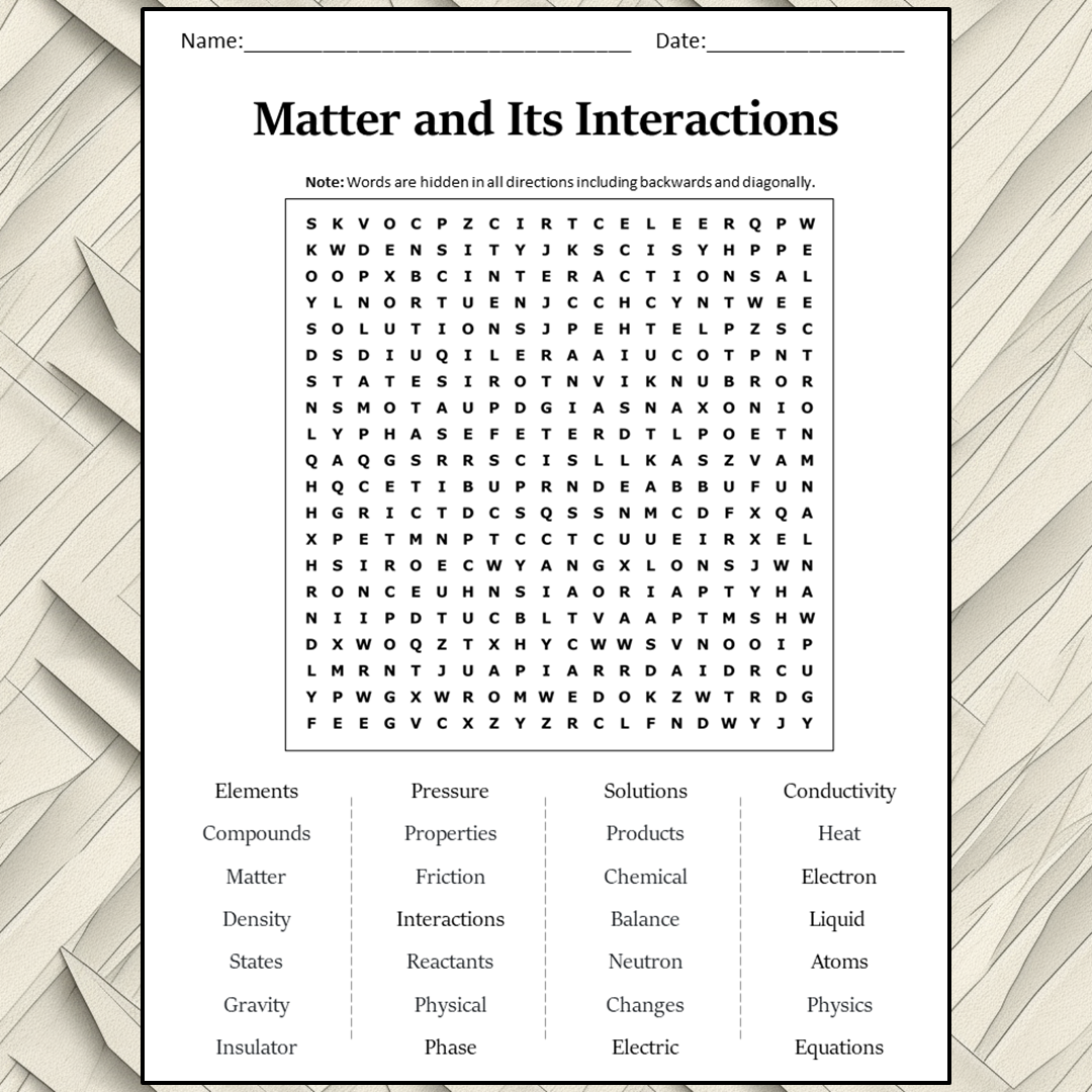 Matter And Its Interactions Word Search Puzzle Worksheet Activity PDF