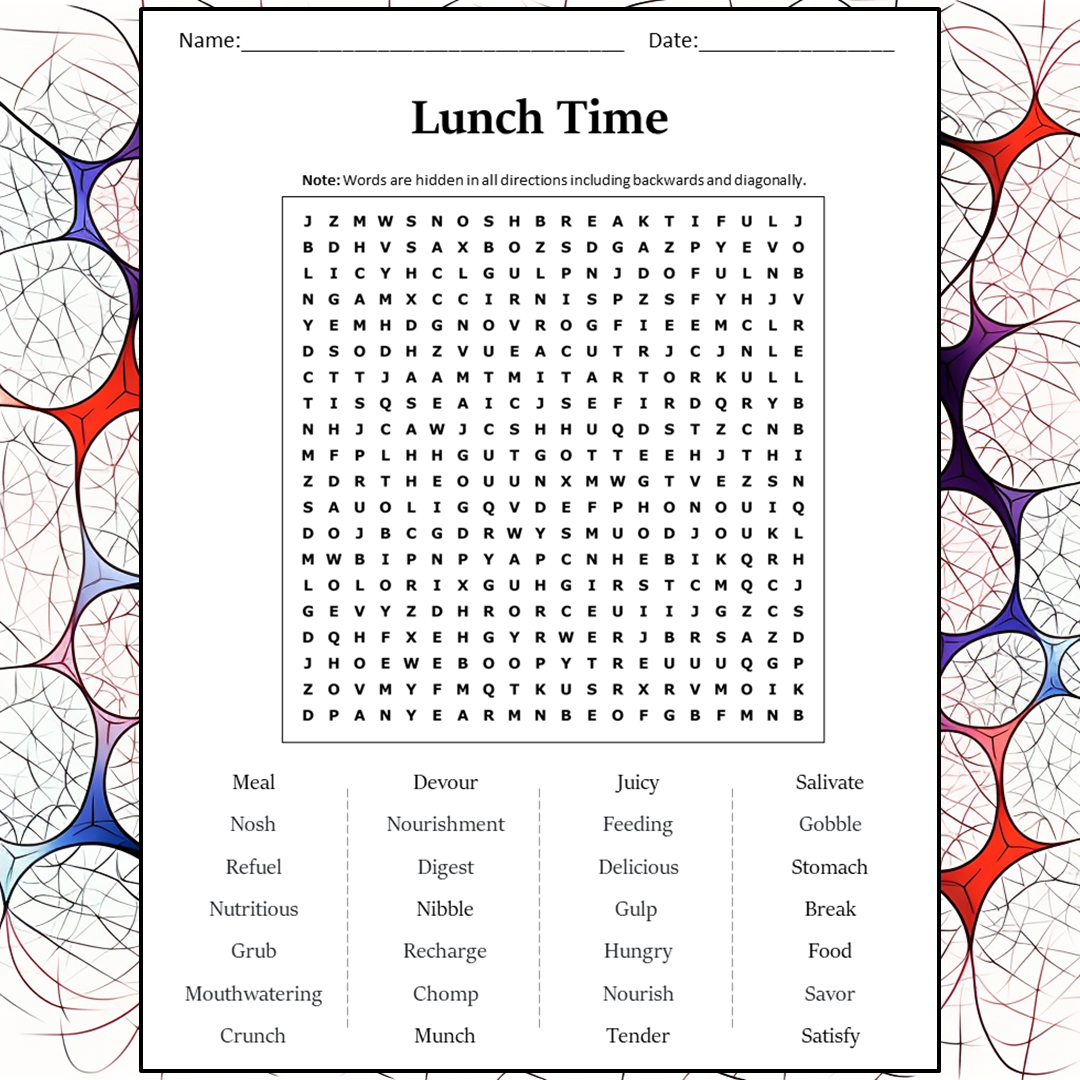 Lunch Time Word Search Puzzle Worksheet Activity PDF