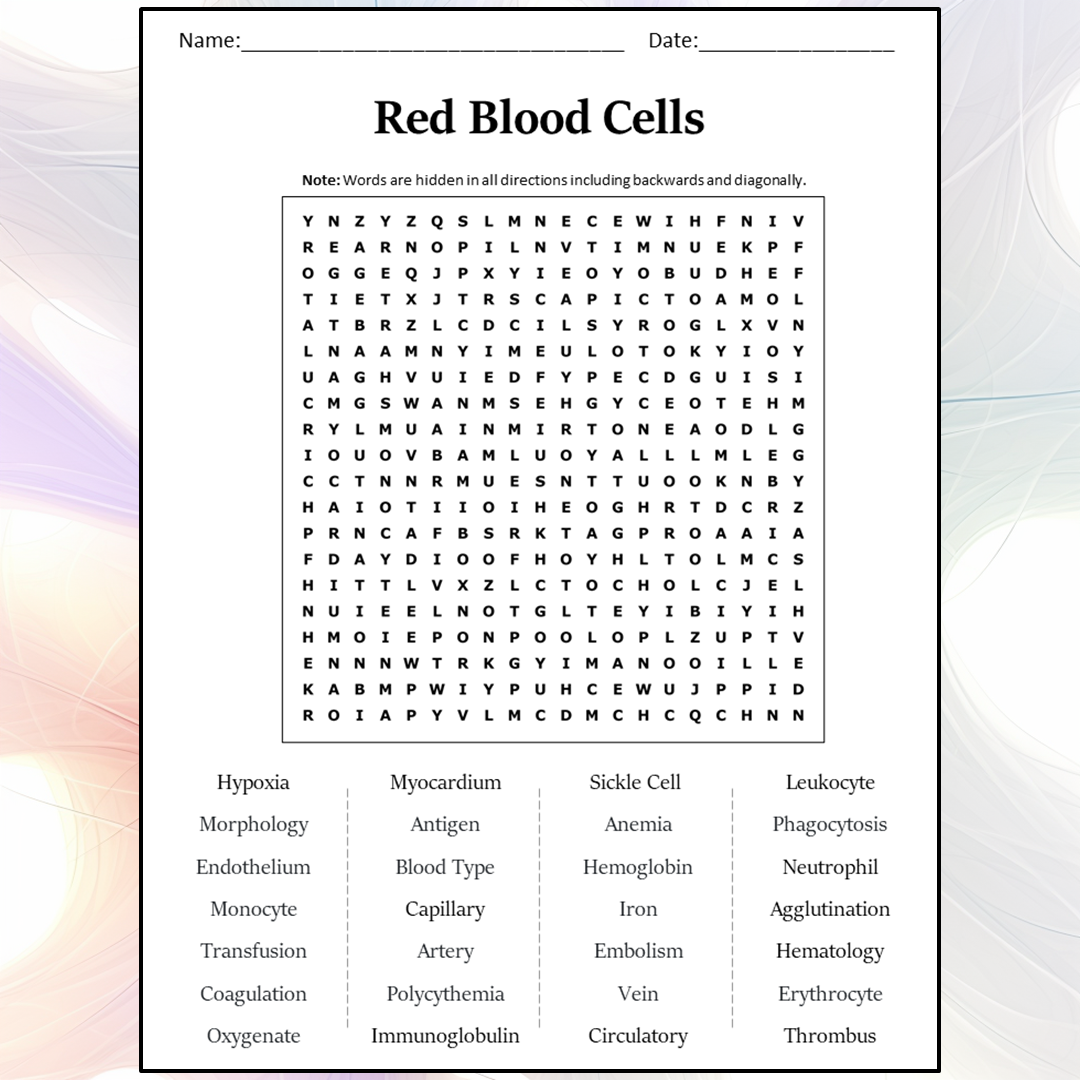 Red Blood Cells Word Search Puzzle Worksheet Activity PDF