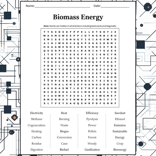 Biomass Energy Word Search Puzzle Worksheet Activity PDF