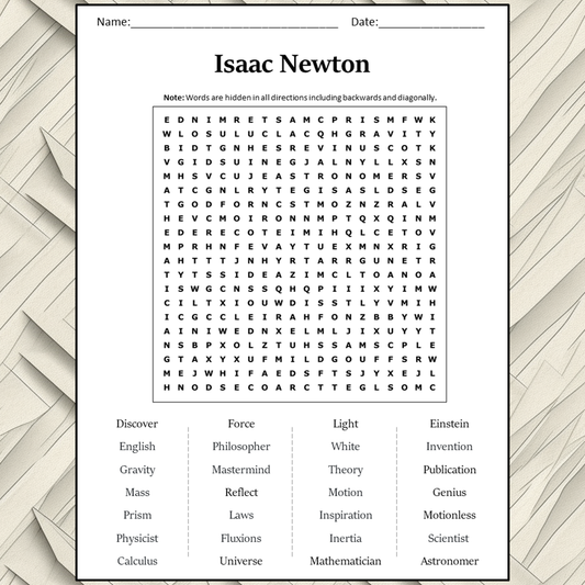 Isaac Newton Word Search Puzzle Worksheet Activity PDF