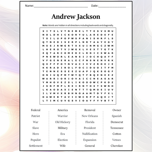 Andrew Jackson Word Search Puzzle Worksheet Activity PDF