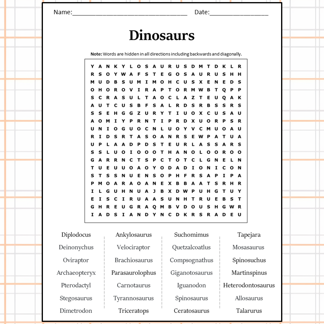 Dinosaurs Word Search Puzzle Worksheet Activity PDF