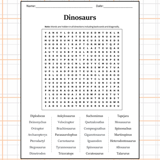 Dinosaurs Word Search Puzzle Worksheet Activity PDF