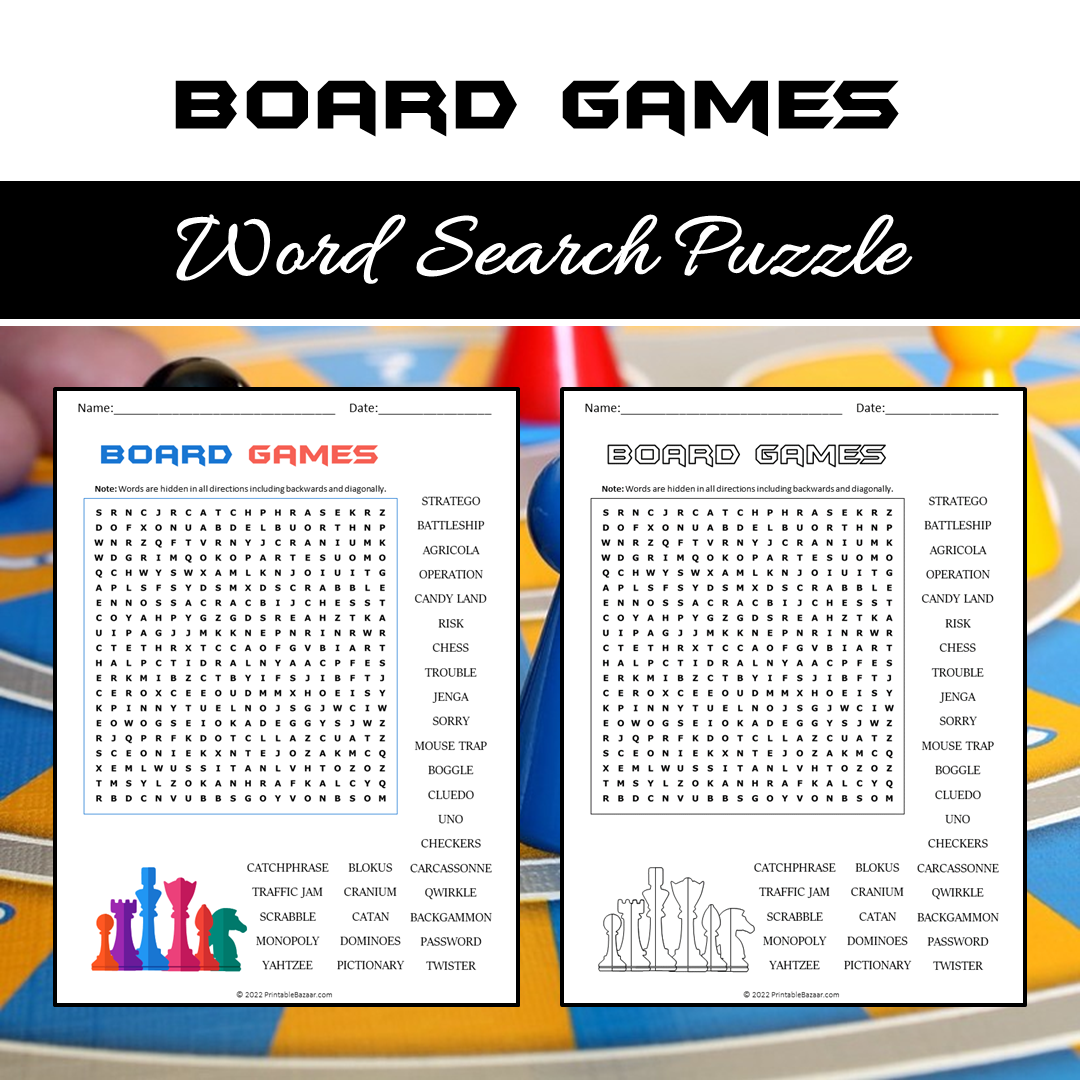 Board Games Word Search Puzzle Worksheet PDF