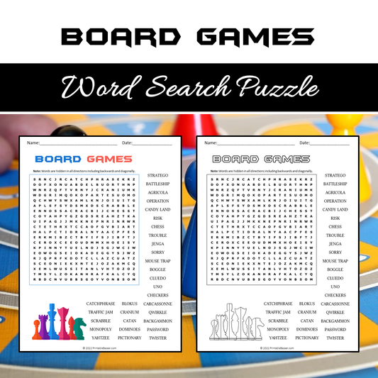 Board Games Word Search Puzzle Worksheet PDF