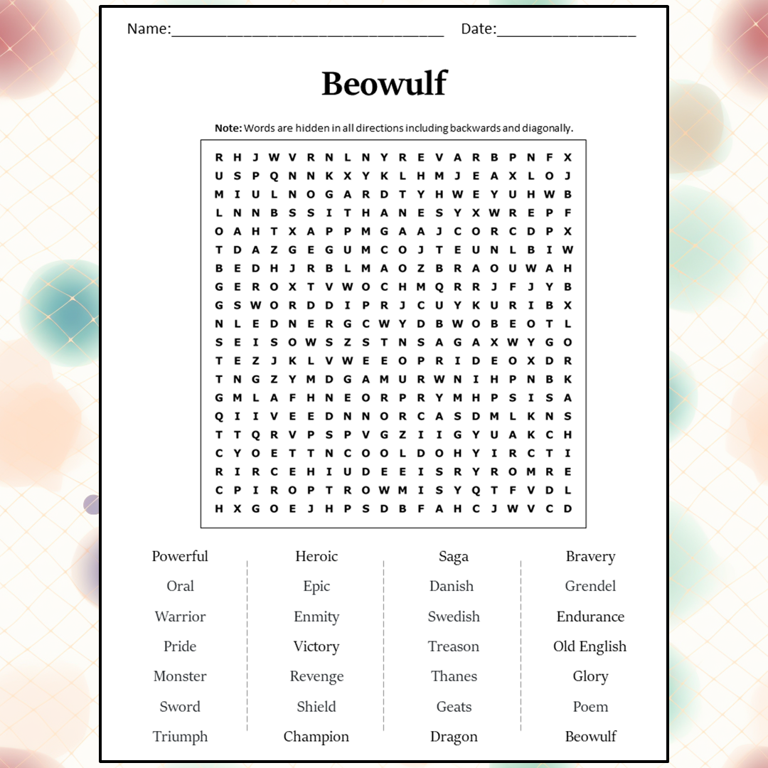 Beowulf Word Search Puzzle Worksheet Activity PDF