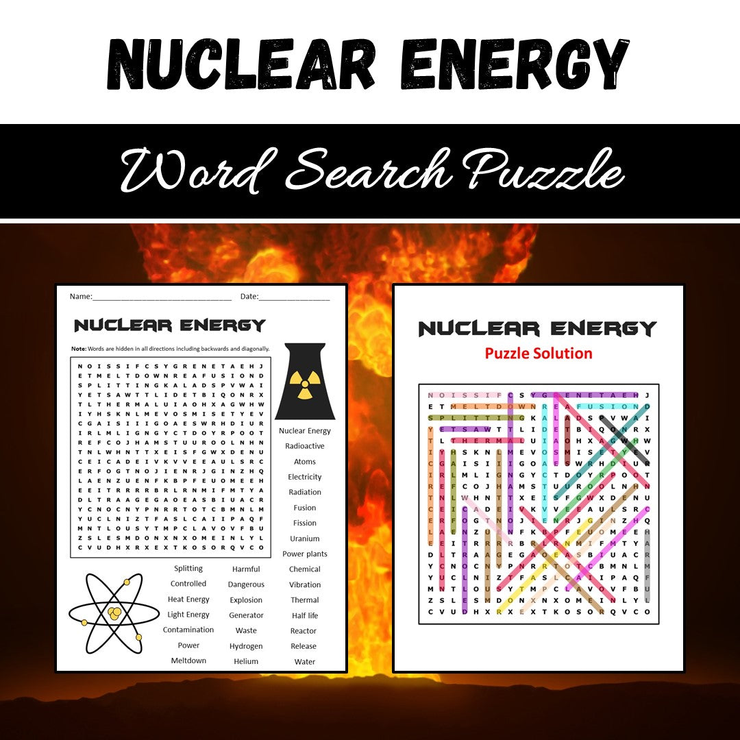 Nuclear Energy Word Search Puzzle Worksheet PDF