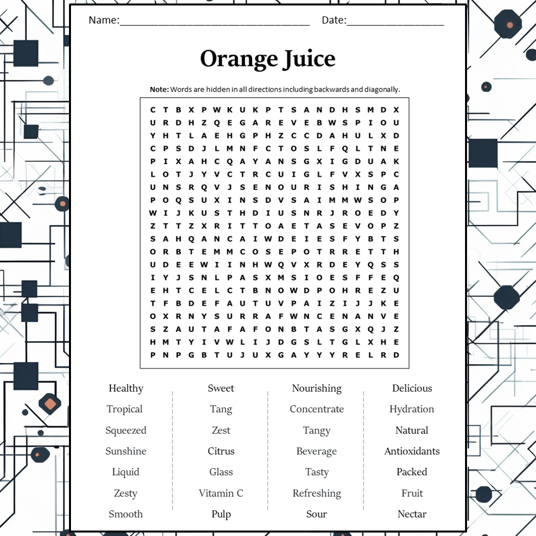 Orange Juice Word Search Puzzle Worksheet Activity PDF