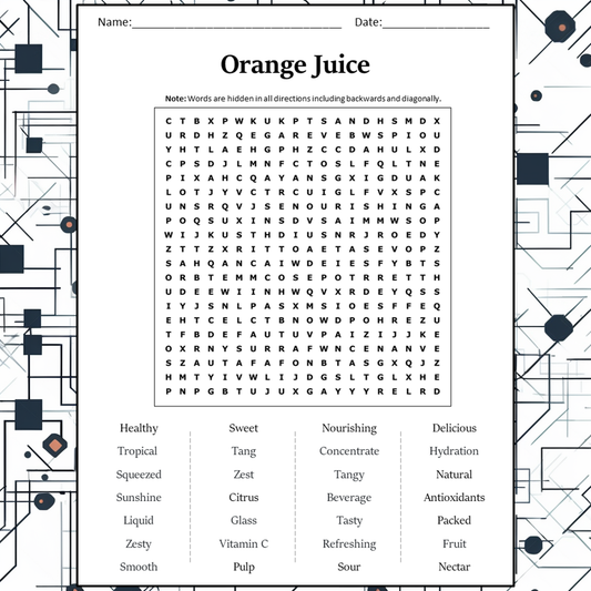 Orange Juice Word Search Puzzle Worksheet Activity PDF