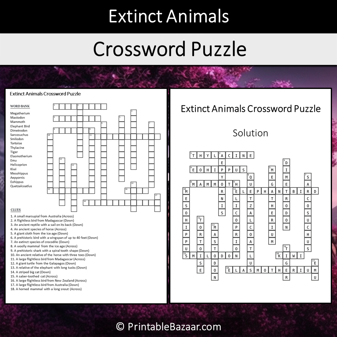 Extinct Animals Crossword Puzzle Worksheet Activity Printable PDF