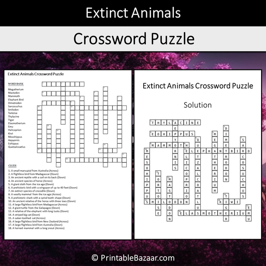 Extinct Animals Crossword Puzzle Worksheet Activity Printable PDF