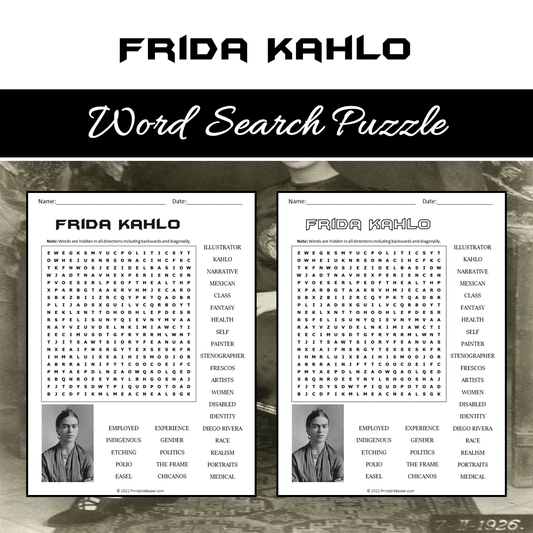 Frida Kahlo Word Search Puzzle Worksheet PDF