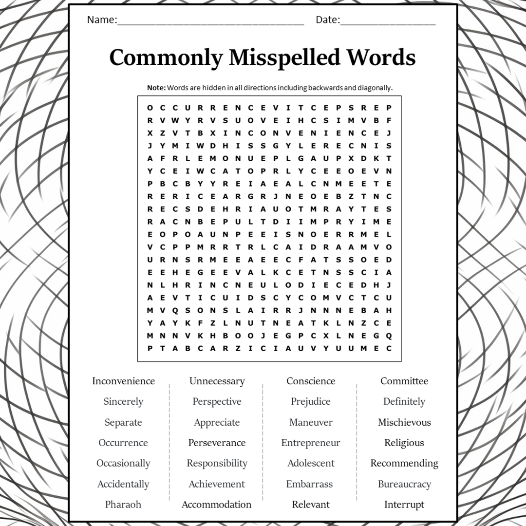 Commonly Misspelled Words Word Search Puzzle Worksheet Activity PDF