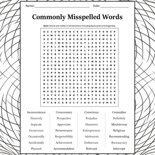 Commonly Misspelled Words Word Search Puzzle Worksheet Activity PDF