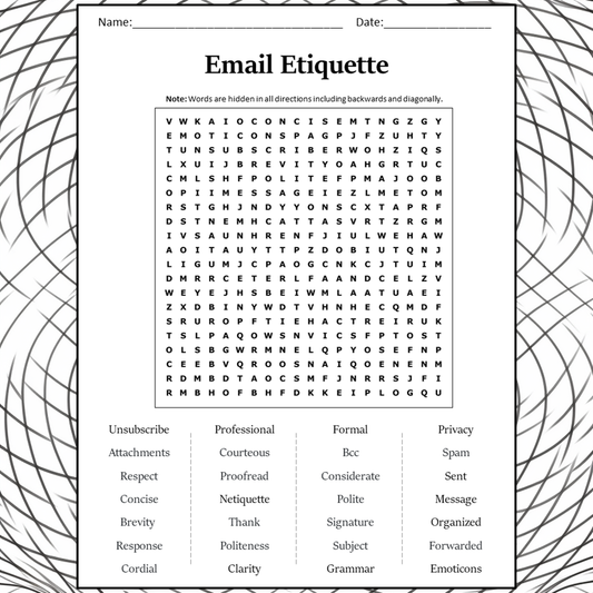 Email Etiquette Word Search Puzzle Worksheet Activity PDF