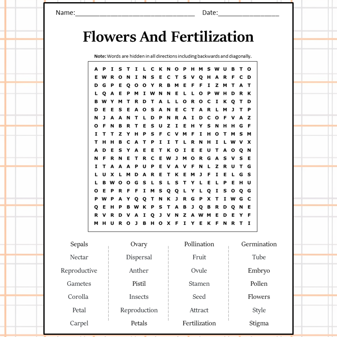 Flowers And Fertilization Word Search Puzzle Worksheet Activity PDF