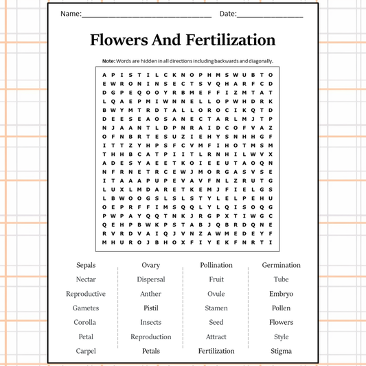 Flowers And Fertilization Word Search Puzzle Worksheet Activity PDF