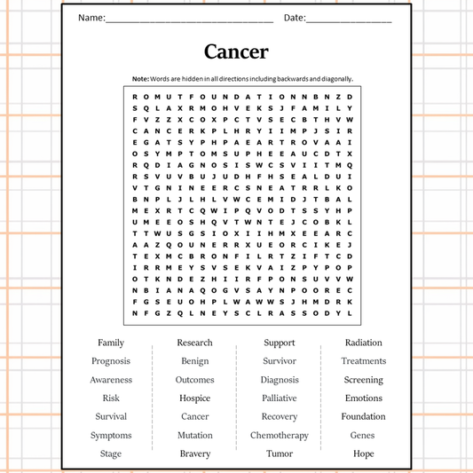 Cancer Word Search Puzzle Worksheet Activity PDF