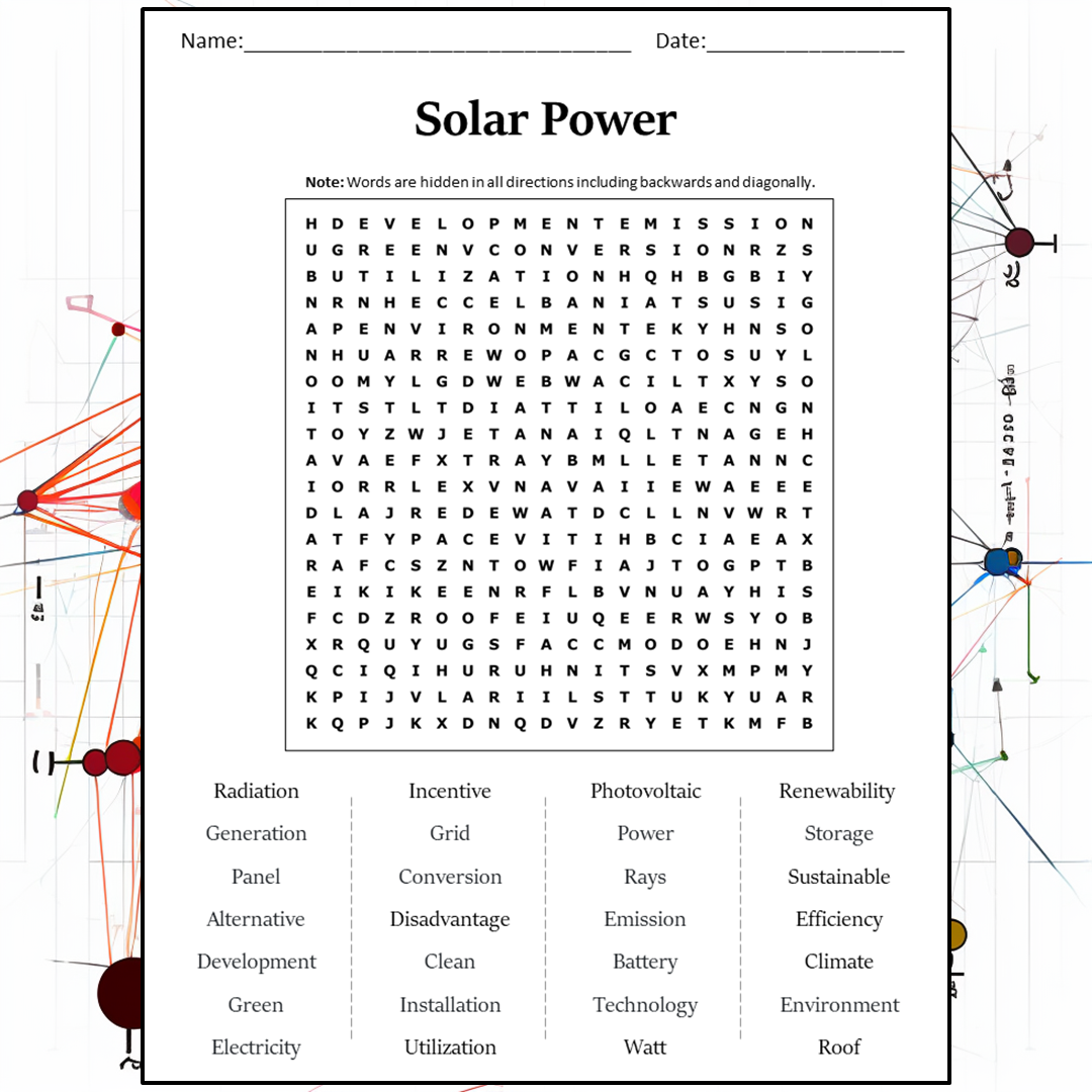 Solar Power Word Search Puzzle Worksheet Activity PDF