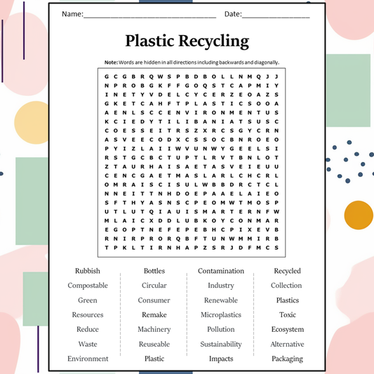 Plastic Recycling Word Search Puzzle Worksheet Activity PDF