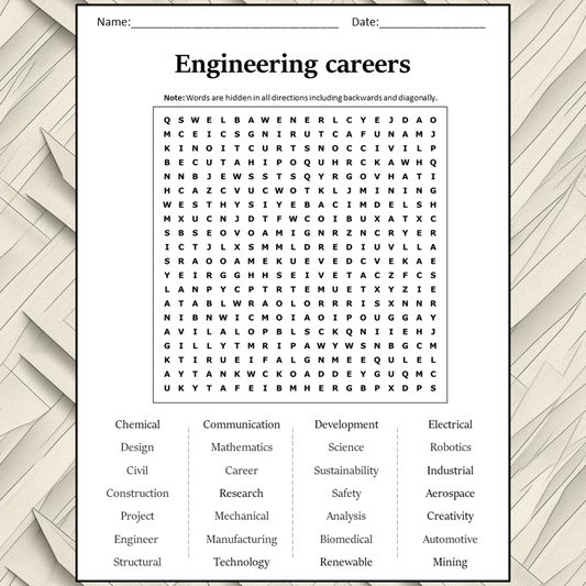 Engineering Careers Word Search Puzzle Worksheet Activity PDF