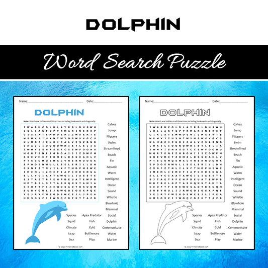 Dolphin Word Search Puzzle Worksheet PDF