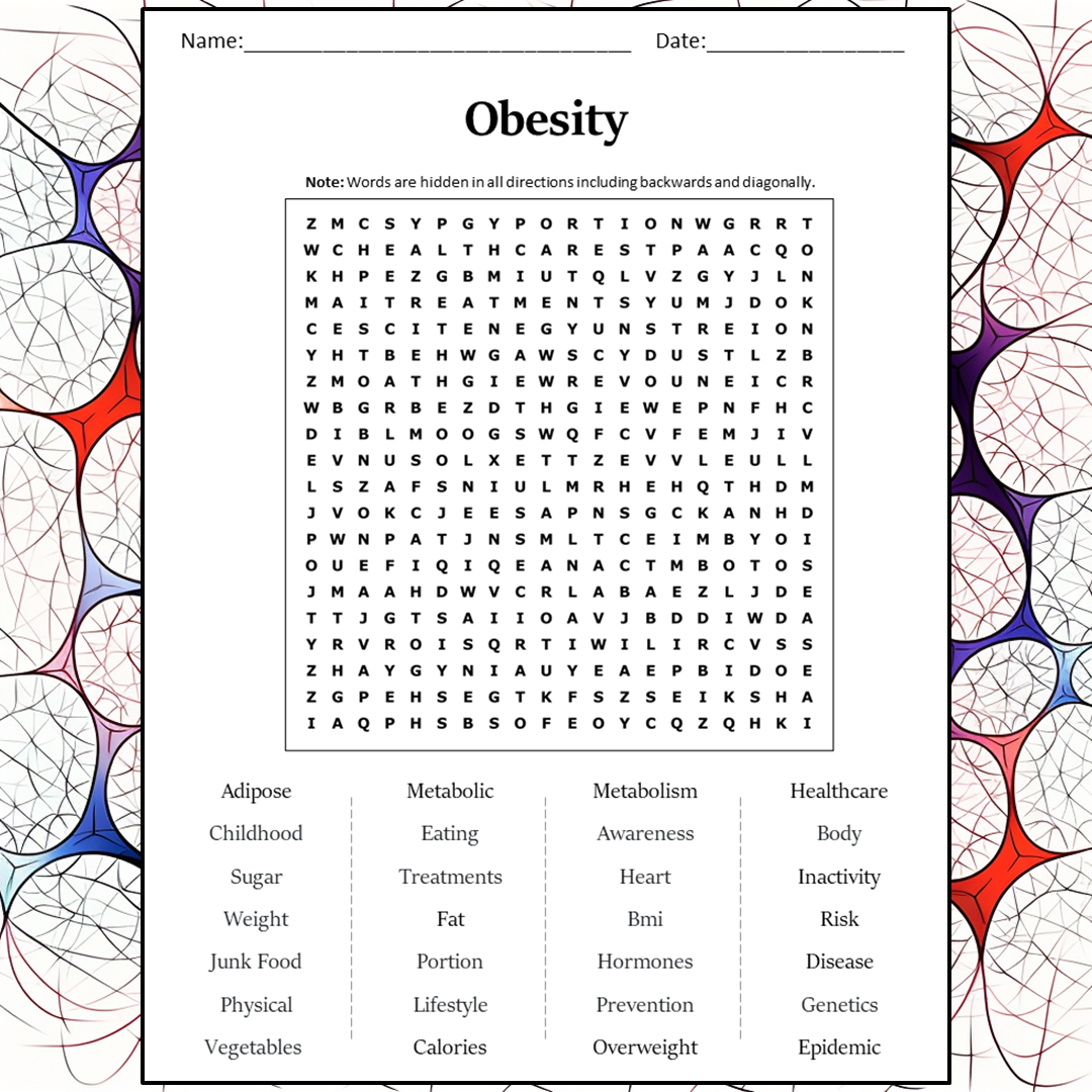 Obesity Word Search Puzzle Worksheet Activity PDF