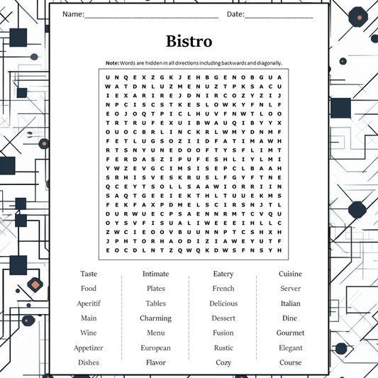 Bistro Word Search Puzzle Worksheet Activity PDF