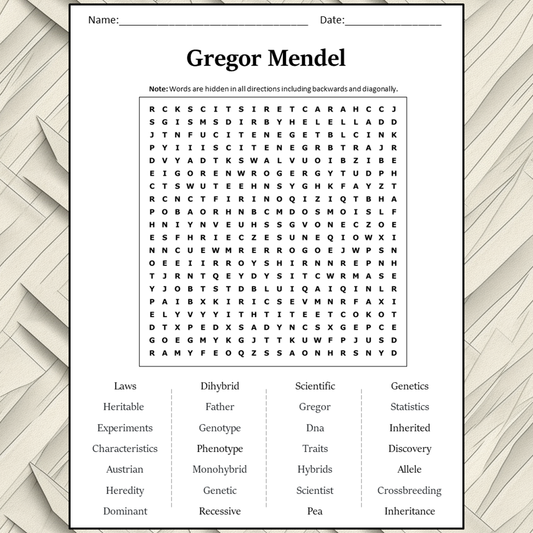 Gregor Mendel Word Search Puzzle Worksheet Activity PDF