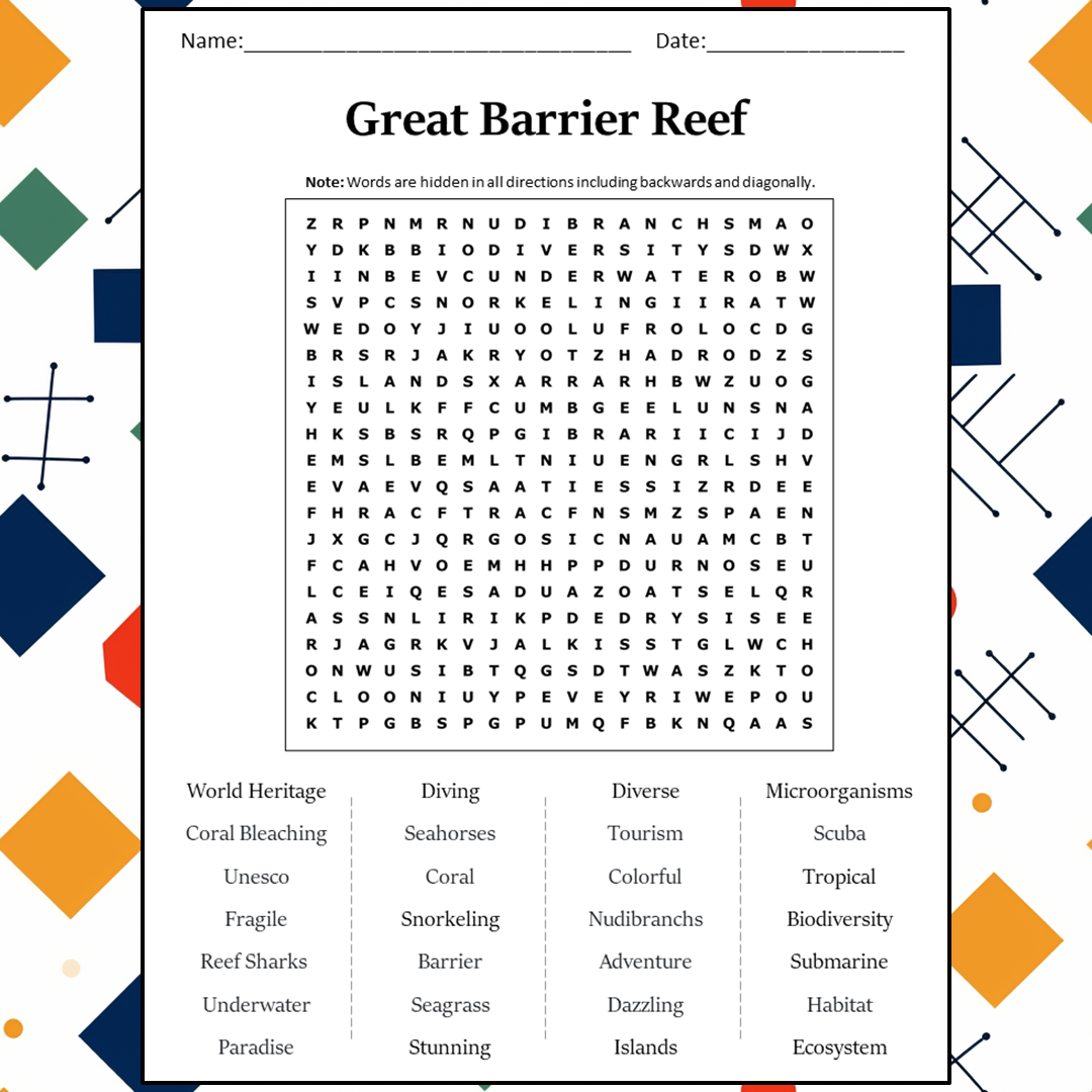 Great Barrier Reef Word Search Puzzle Worksheet Activity PDF