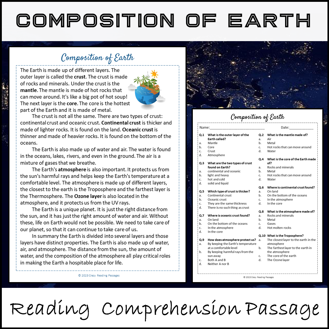 Composition Of Earth Reading Comprehension Passage and Questions | Printable PDF