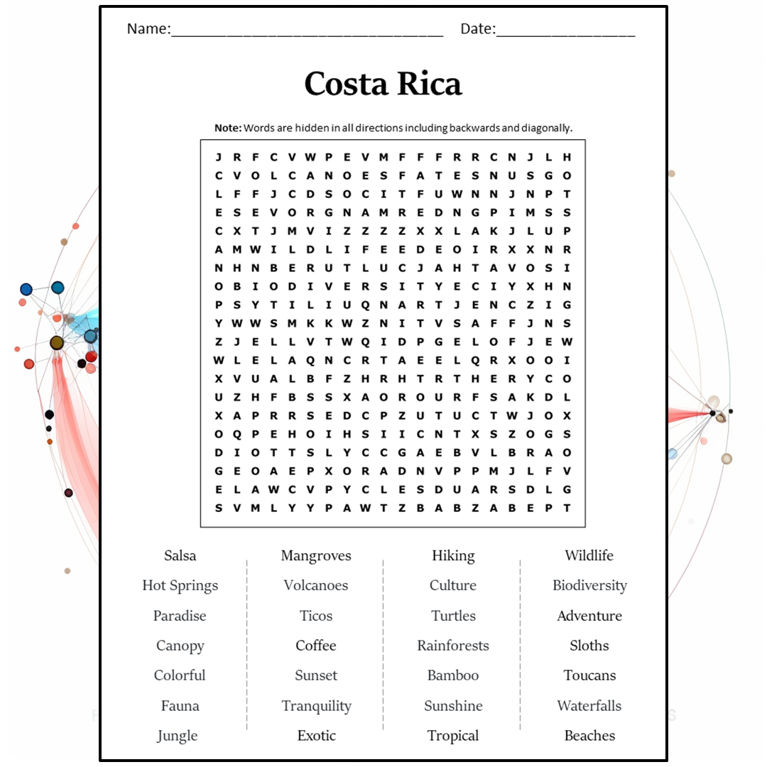 Costa Rica Word Search Puzzle Worksheet Activity PDF