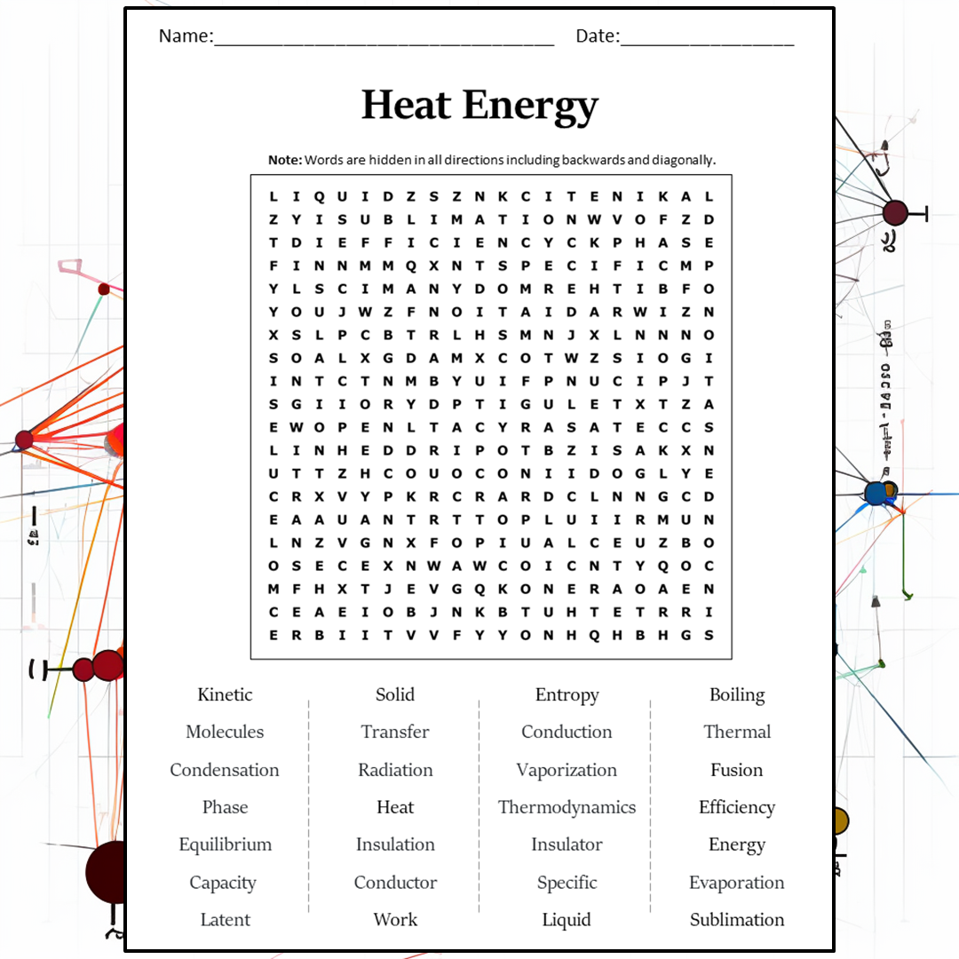 Heat Energy Word Search Puzzle Worksheet Activity PDF