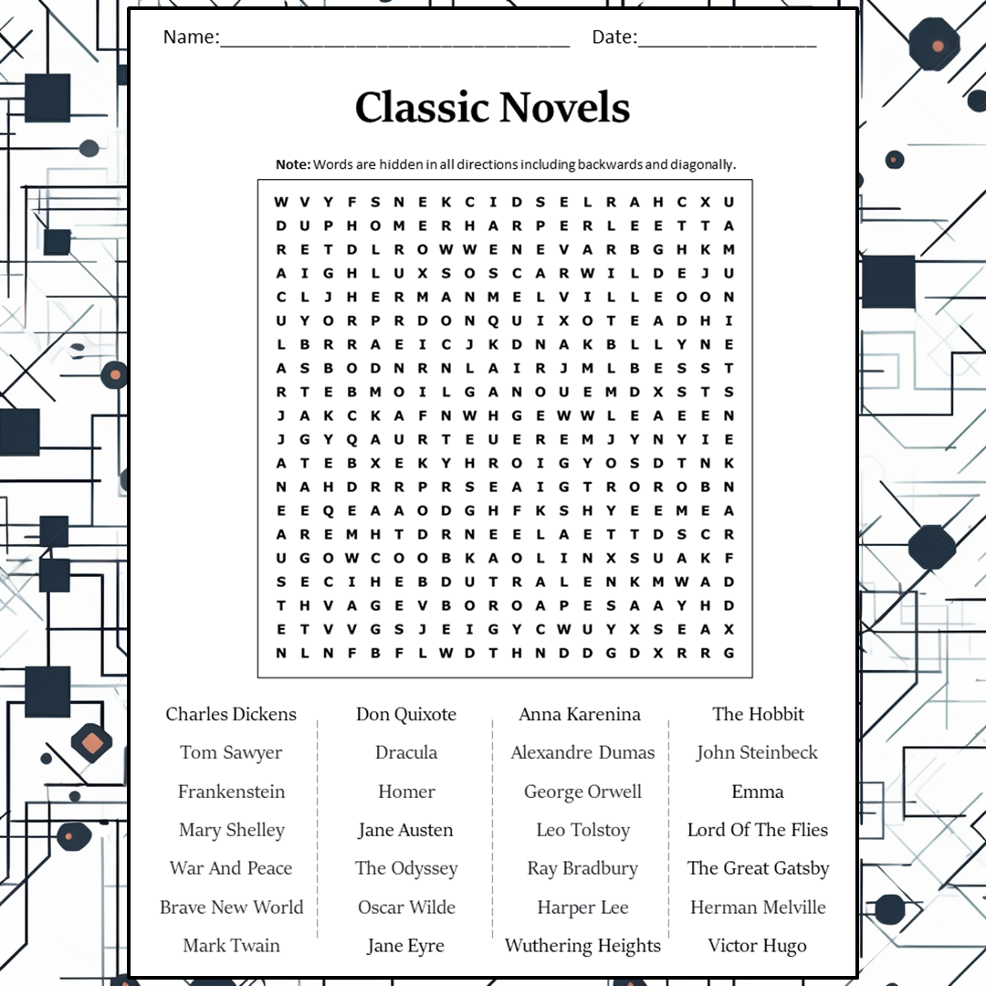 Classic Novels Word Search Puzzle Worksheet Activity PDF