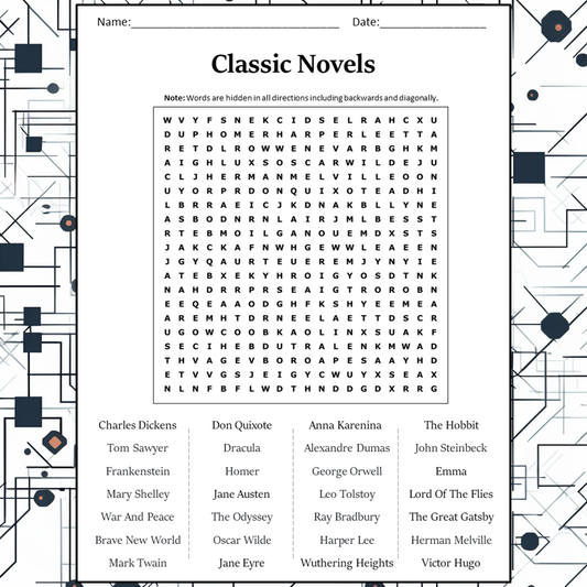 Classic Novels Word Search Puzzle Worksheet Activity PDF