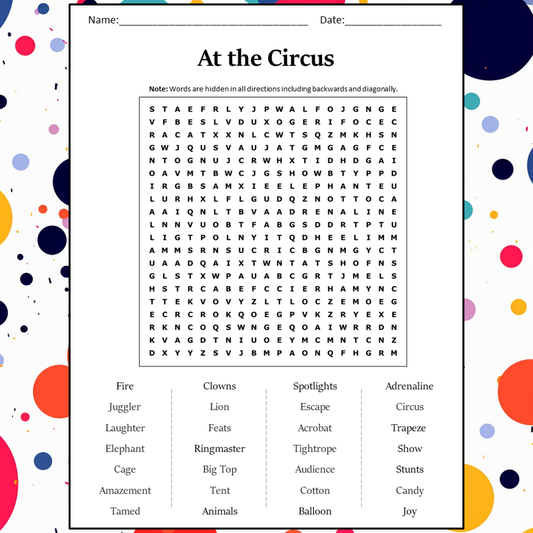 At The Circus Word Search Puzzle Worksheet Activity PDF