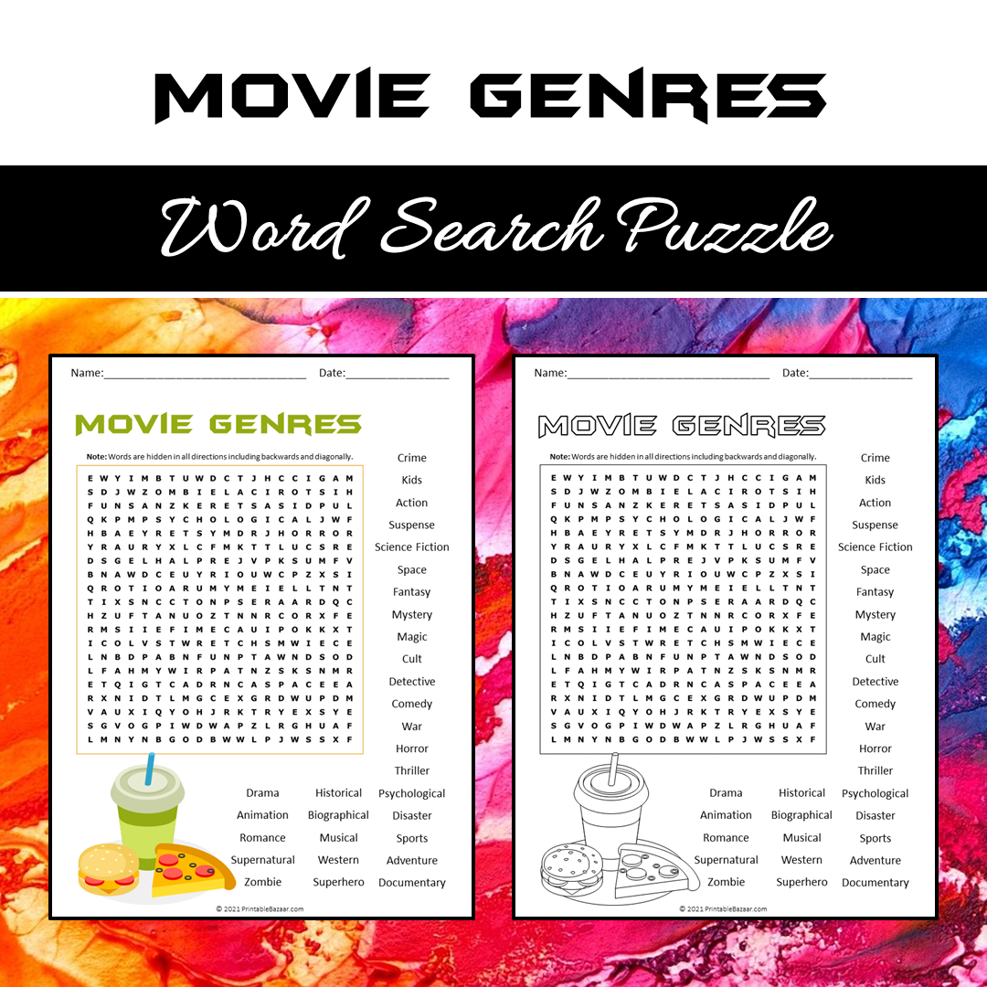Movie Genres Word Search Puzzle Worksheet PDF