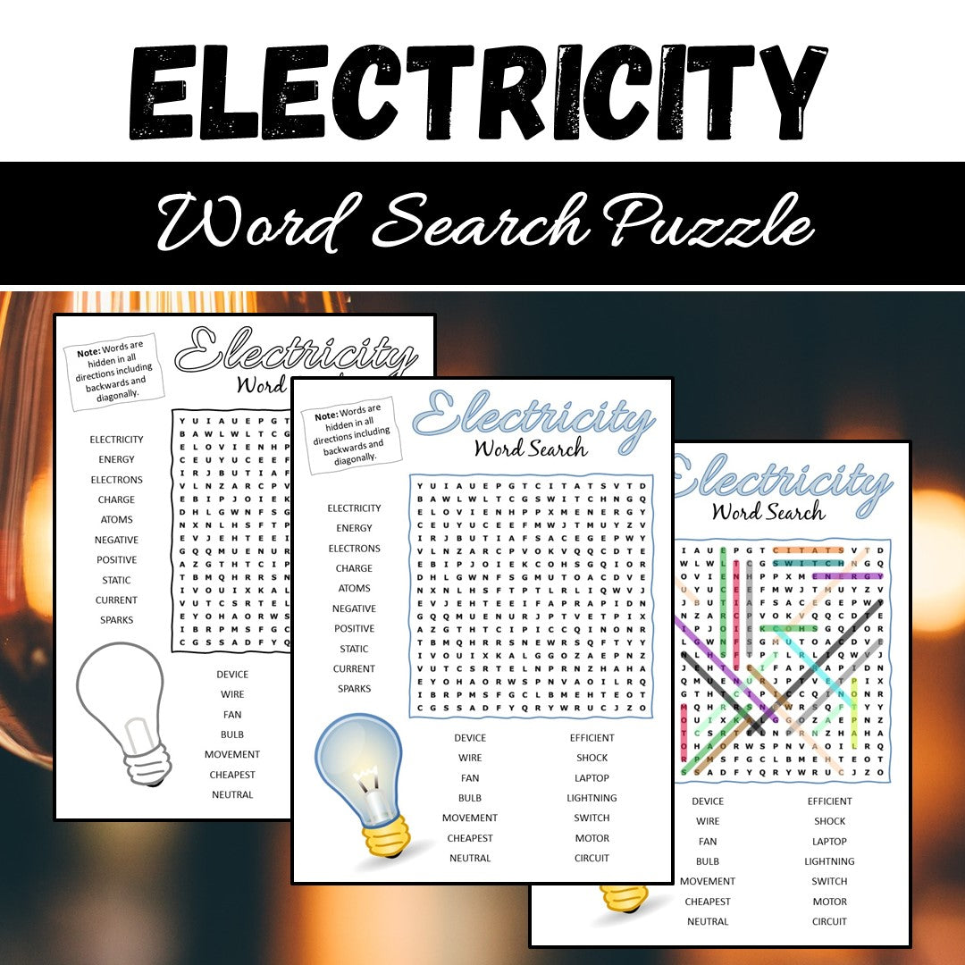 Electricity Word Search Puzzle Worksheet PDF