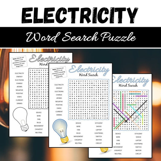 Electricity Word Search Puzzle Worksheet PDF
