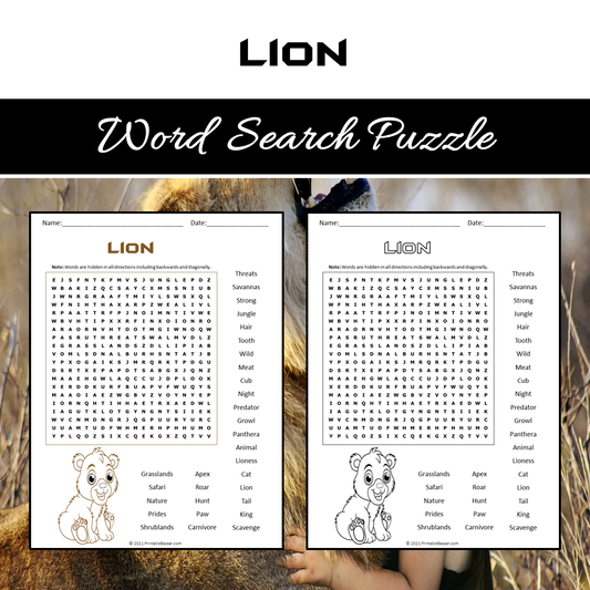 Lion Word Search Puzzle Worksheet PDF