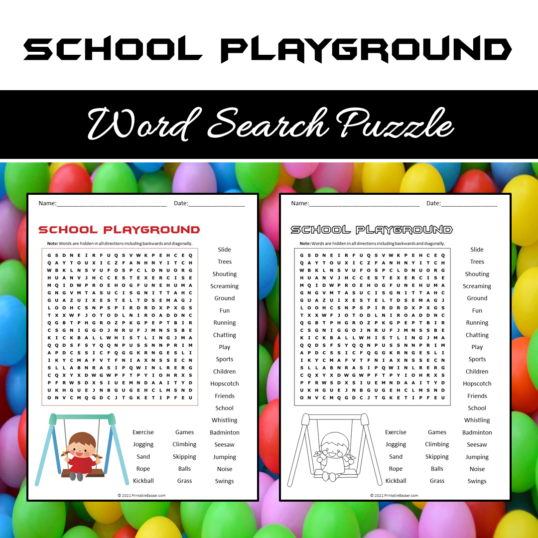 School Playground Word Search Puzzle Worksheet PDF