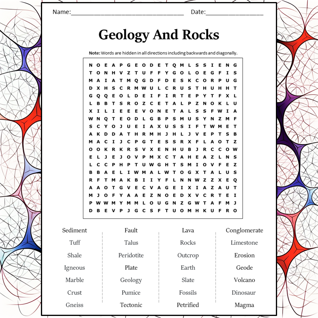 Geology And Rocks Word Search Puzzle Worksheet Activity PDF